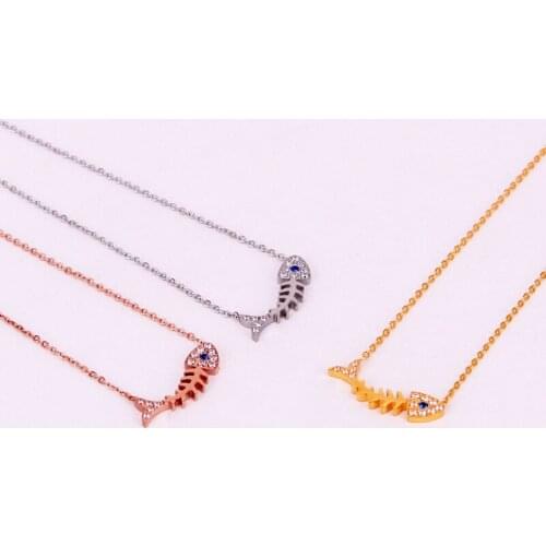 Fashion Blue Crystal Stainless Steel Animal Hollow Love Fishbone Pendant Necklace Rose Gold Color Women Female Party Gift