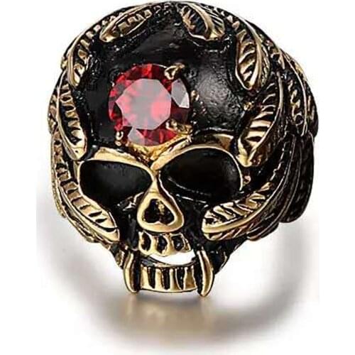 Punk Men Skull Ring 316L Stainless Steel High Polished Male Skeleton Red CZ Ring Luxury Finger Crystal Jewelry Bijoux