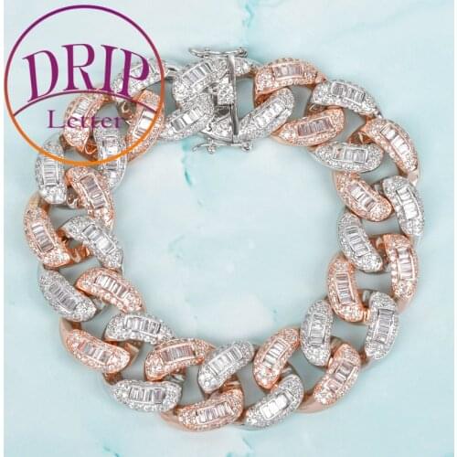 22mm Baguette Cuban Bracelet Colorful Iced Out Mens Hip Hop Zircon Miami Link Charm Gold Color Jewelry