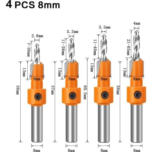 4pcs HSS Countersink Drill Bit Set Screw Woodworking Chamfer W/ Wrench Screw 4pcs Countersink Drill (with Wrench And Screw)
