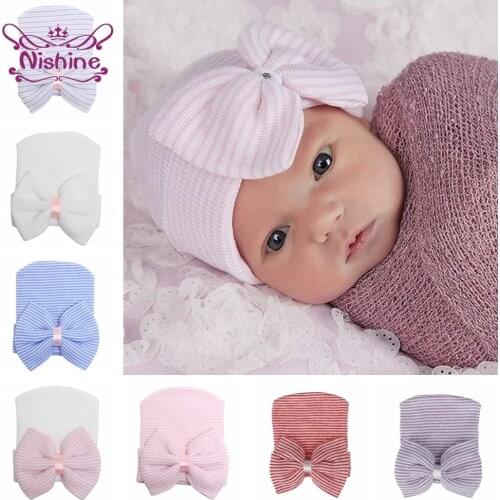 Nishine Newborn Infant Stripe Bowknot Hat Baby Girls Knitted Big Bow Cap Toddler Beanie Bonnet Kids Headwear Hair Accessories