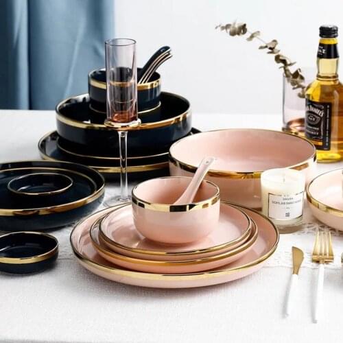 Solid Dark blue or pink color Luxury Ceramic Dinner Set : dinner plate + accent plate + bowls +spoon Gold adge