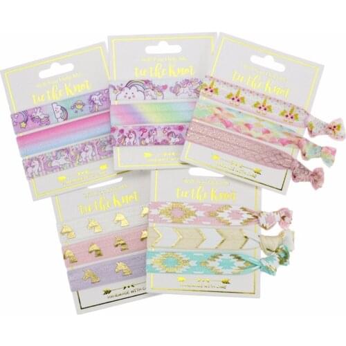 Wholesale 25cards/lot 5/8" Fashion Unicorn printed Knotted Girl Fold Over elastic FOE Hair Ties Hair Band Knot Hair Tie