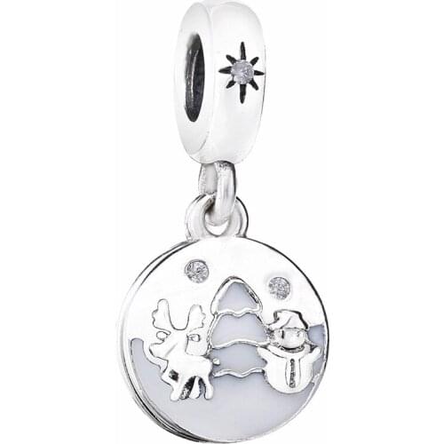 Original White Enamel Snowman & deer Under Tree Pendant Beads Fit 925 Sterling Silver Charm Bracelet Bangle Diy Jewelry