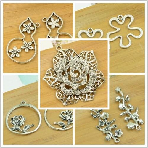 Hollow flower shape alloy DIY charm pendant carved out antique silver choker bracelet jewerly accessories finding free shipping