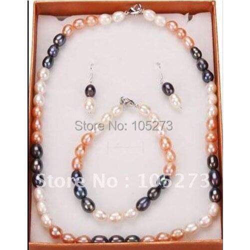 Amazing! pearl jewelry set A 7-8MM White pink black Multicolor Freshwater pearl necklace bracelet earring Free shipping