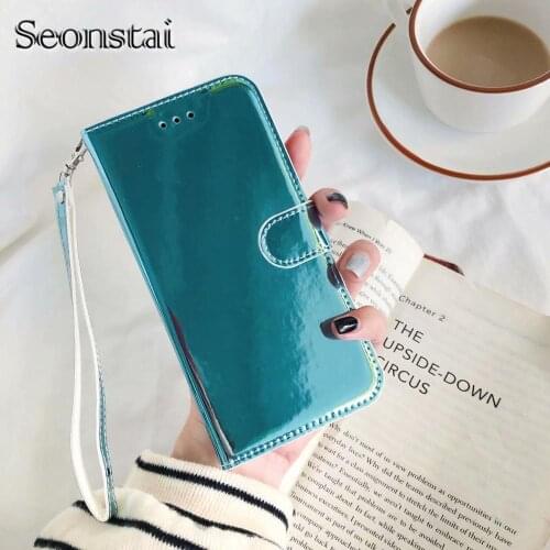 Seonstai Luxury Imitate Mirror wallet leather Flip Book Case for LG K50 Q60 Leather Phone Cover Shell With Hand Rope