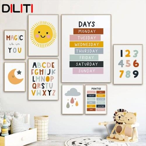 Cartoon Alphabet Number Shape Canvas Painting Nursery Days of Week Wall Art Nordic Educational Posters and Prints for Kids Room