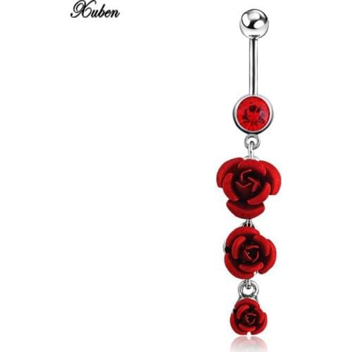 Sexy Body Piercing Jewelry three Rose red Flower Crystal Dangle Belly Navel Ring Barbells Bar Button Ring Body Piercing