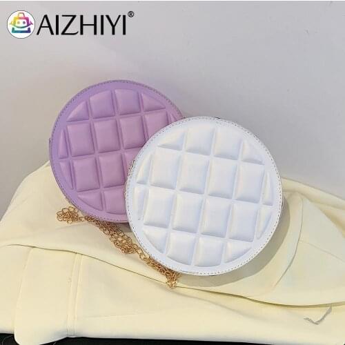 Chic Women Chain Round Shoulder Bag Casual PU Pure Color Checker Mini Handbag Checker Crossbody Messenger Pouch