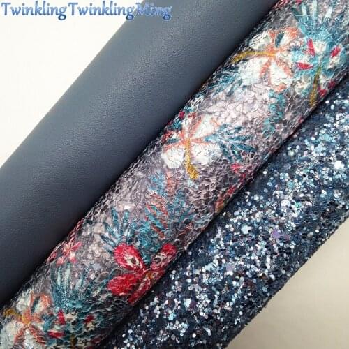 BLUE Glitter Fabric, Flowers Printed Faux Leather, Syntheic Leather Fabric Sheets For Bow A4 21x29CM Twinkling Ming XM980