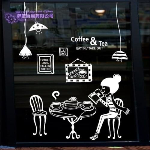 Coffee Sticker Girl Light Decal Cafe Poster Vinyl Art Wall Decals Pegatina Quadro Parede Decor Mural Coffee Sticker