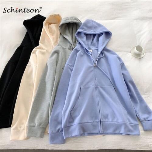Schinteon New Cardigan Hoodies Solid Color Casual Sweatshirt Jacket Sport Top with Hood Over Size BF Pockets Autumn Outwear