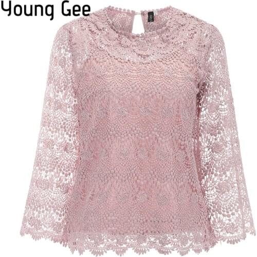 Young Gee Spring Lace Hollow Out Floral Blouse Elegant Women Tops Fashion Flare Sleeve Runway Black Pink Shirts blusas femininas