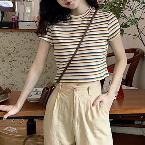 Women T-Shirts New Fashion Design Casual O-Neck Striped Short Sleeve Pullover Top