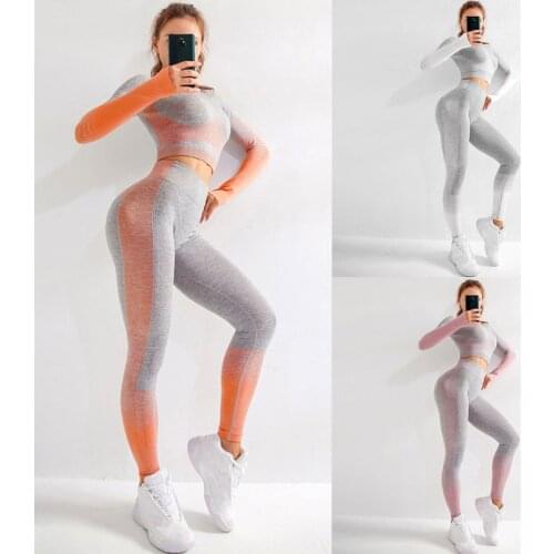 Womens Seamless Knit Yoga Workout Set Long Sleeve Crop Top High Waist Sports Butt Lift Leggings Gym Fitness Tracksuit