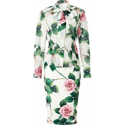 Newest HIGH QUALITY 2021 Designer Runway Suit Set Womens Bow collar Long Sleeve Floral Blouse Shirt Skirt Set