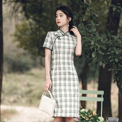 Women Plaid Qipao Vintage Mini Button Evening Party Dress Chinese Style Girl Cheongsam Classic Qipao Gown Vestidos Qi Pao Modern