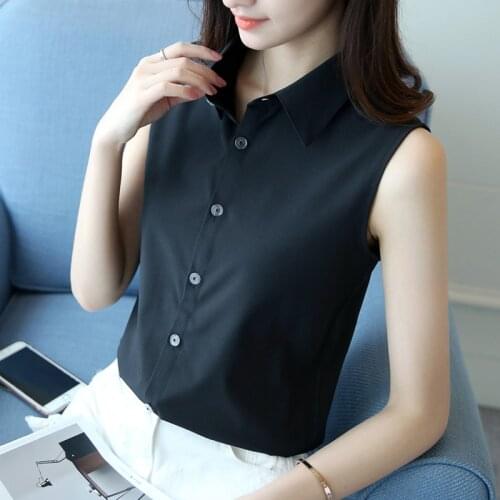 2020 summer new sleeveless women shirts v-neck turn-down collar solid white black office lady shirts outwear tops