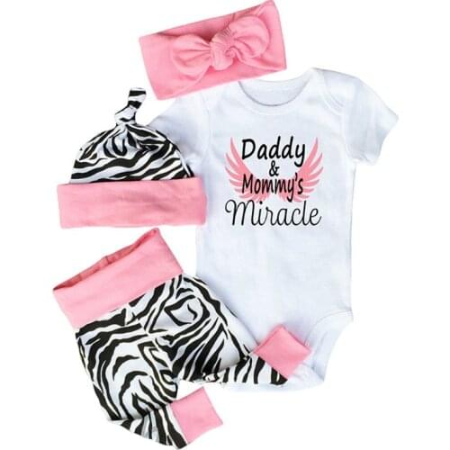 4PCS Sets Newborn Baby girls clothes Daddy & Mommys Miracle Bodysuit + Zebra Pants+Hat +Headband Infant Toddle Girls Outfit