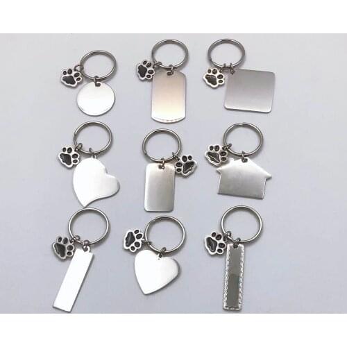 100% Stainless Steel Blank Paw Print House Heart Rectangle Dog Tag Charm Keychain Key Ring For Engrave Mirror Polished 10pcs