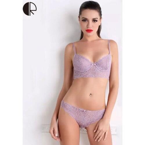 Sexy Lace Hallow Out Bra & Brief Set Size B~D 3/4 Cup Deep V Lingerie Transparent With Underwire Push Up Bras 3 Color WI275