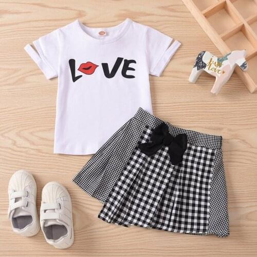 Girls Clothing Summer Short Sleeve Two Color Lettered Print T-Shirt Black White Lattice Bow Irregular Pleated Skirt Kids Suit