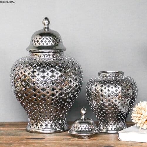 Electroplating Silver Hollow Storage Jar Ceramic Vase Flower Arrangement Container Decoration General Jar with Lid Home Decor