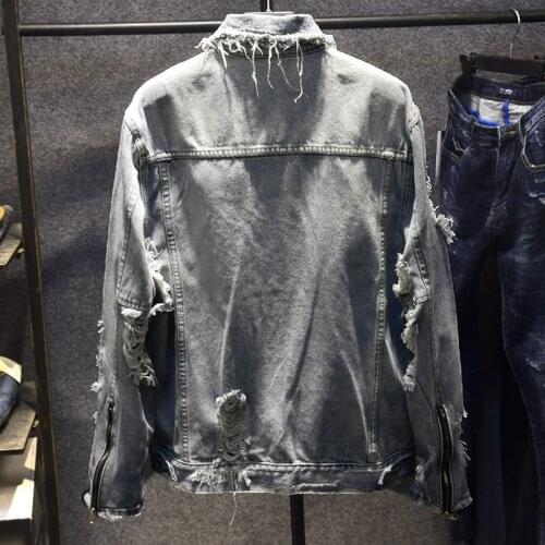Harajuku Style Ripped Hole Loose Men Denim Coats Fashion Vintage Single Breasted Frayed Cowboy Jacket Washed Casual Outerwear