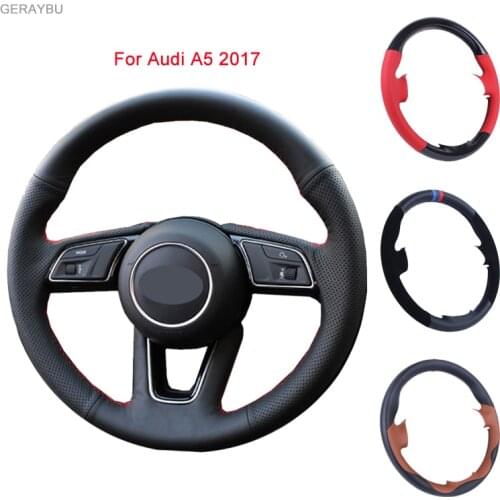 GERAYBU Custom DIY Black Artificial Leather Hand-sewn Car Steering Wheel Cover For Audi A5 2017 Breathable Wear-resistant