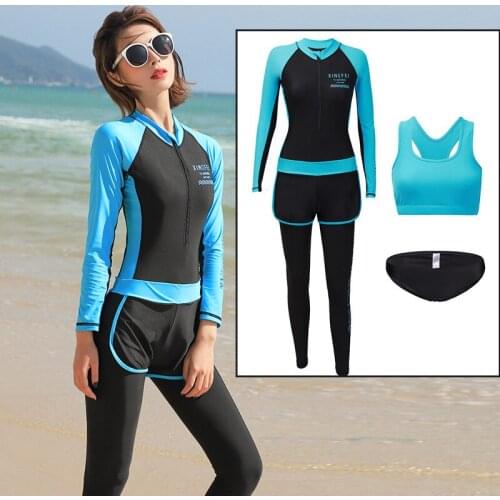Womens 3pcs set Rash Guards set One-piece Dive Skin with Bikini Set Long Sleeve Zip up Swim Surf Dive Skins Yoga Activewears