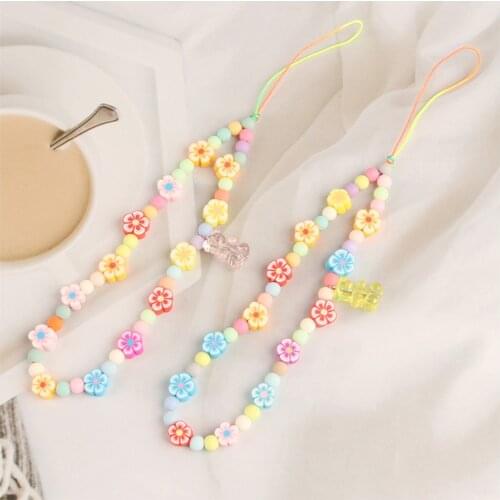 Cute Fresh Flower Beads Lanyards Keychain for Women Smartphone Rope Candy Color Bear Pendant Fresh Hand Chains Phone Charms Gift