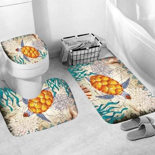 Sea Turtle Bathroom Sets with Shower Curtain and Rugs and Accessories, Ocean Nautical Shower Curtain with 12 Hooks