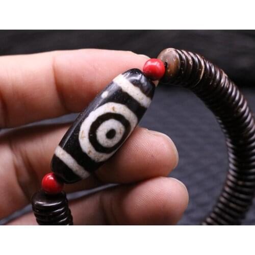 Power Tibetan Old Agate Heaven&Earth Eye in Eye dZi Bead Hand Knitted Bracelet