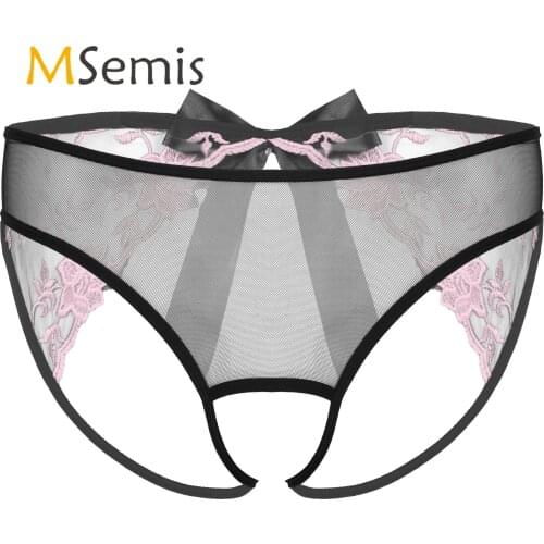 Mens Lingerie See-Through Mesh Sissy Underwear Embroidered Erotic Crotchless Briefs T-back Underpants Low Waist Bowknot Panties