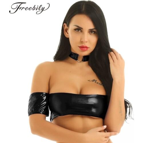 New Women Shiny Strapless Tube Bra Sexy Clubwear Tank Tops with Collar Choker Necklace Breast Wrap Blouse Pole Dance Costumes
