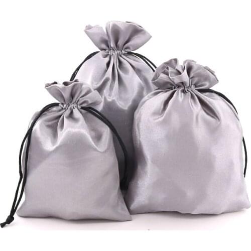 New Fashion Smooth Silk Satin Bags 10pcs/lot 8x10 9x12cm Gray Color Cloth With Black Drawstrings For Delicate Ear Studs Package