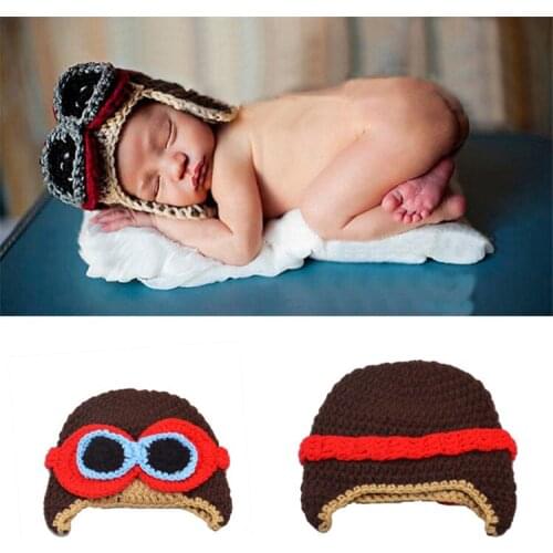 Adorable Baby Handmade Woven Cool Flying Cap Newborn Knitting Pilot Pretending Role Playing Wool Brown Hat Red Frame Eyeglasses