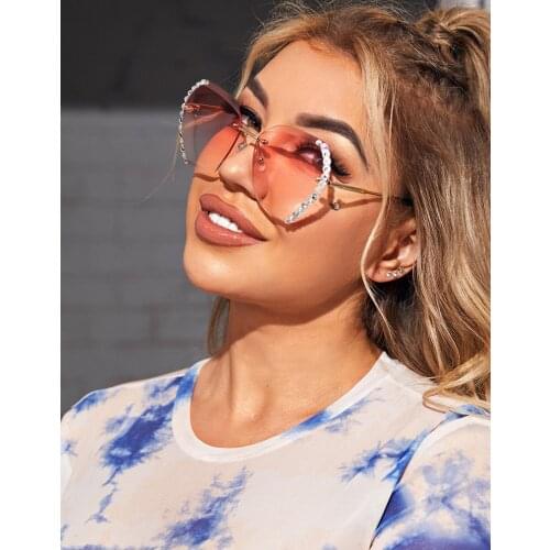 Vintage New Crystal Rimless Sunglasses Women Luxury Brand Designer Rhinestone Frameless Gradual Sun Glasses Shades Hexagon