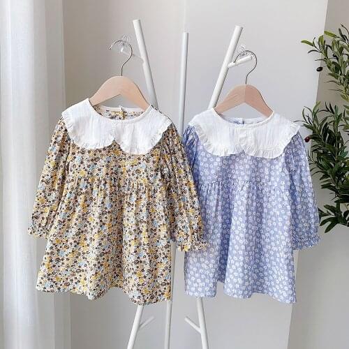 Spring Autum Outing Travel Knee-Length Long-Sleeve Girl Casual Wear Versatile Floral Dress 2 to 8 years for Children Clothes2021