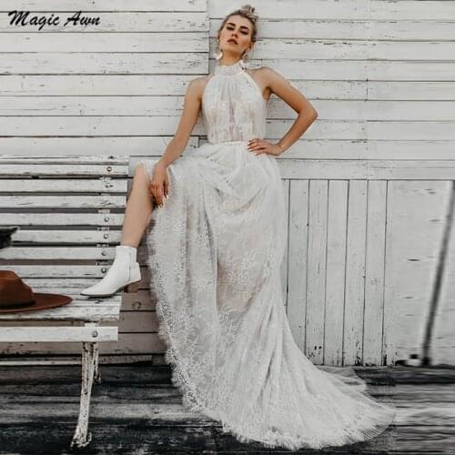 Magic Awn Bohemian Lace Tulle Wedding Dresses High Neck Appliques Illusion Beach A-Line Mariage Gowns Vestido De Fiesta De Boda