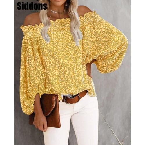 Women Plus Size Long Sleeve Off Shoulder Floral Print Lantern Sleeve Top Long Sleeve Blouse Clothing