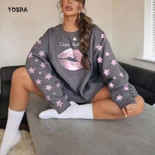 Women Vintage Crewneck Sweatshirt Lips And Stars Printed Loose Long Sleeve Oversized Teen Girls Plus Size Pullovers New Korean