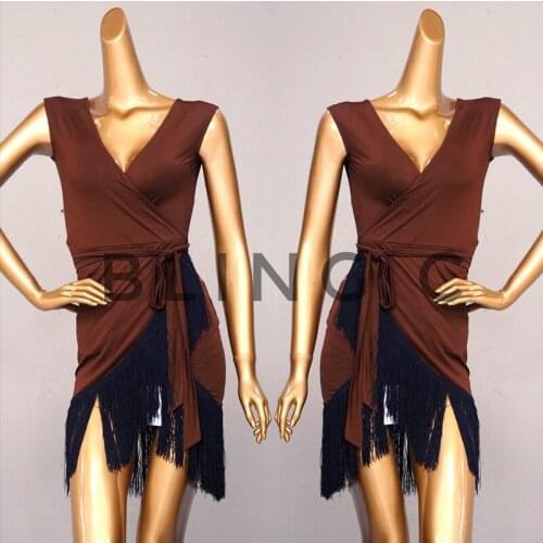 New Sexy Latin Dance Practice Suit National Standard Dance Performance Clothes Lace Up Fringe Skirt Professional Latin Dress 648