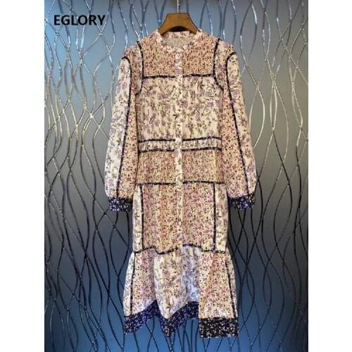 2020 Autumn Fashion Cotton Dress High Quality Women Elegant Little Floral Print Ruffles Patchwork Long Sleeve Vintage Dress