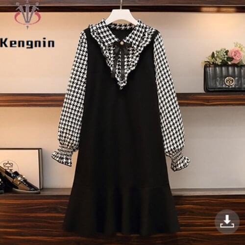 Autumn Winter Women Houndstoot Dress High Waist Office Lady Work Vestidos Dresses Loose Oversized 5XL Patchwork Robe KE1928