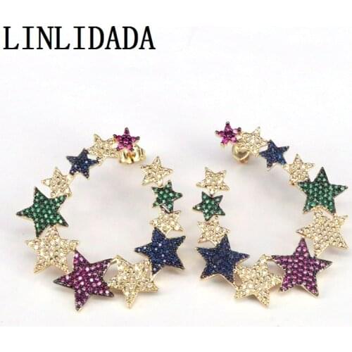 3Pairs, cubic zirconia Star shaped stud earring gold color fashion jewelry for women