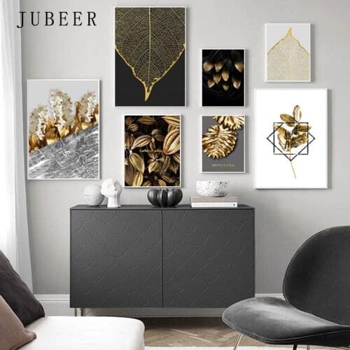Abstract Canvas Paintings Golden Leaves Wall Art Black and White Poster for Living Room Decor Decorative Paintings on The Wall