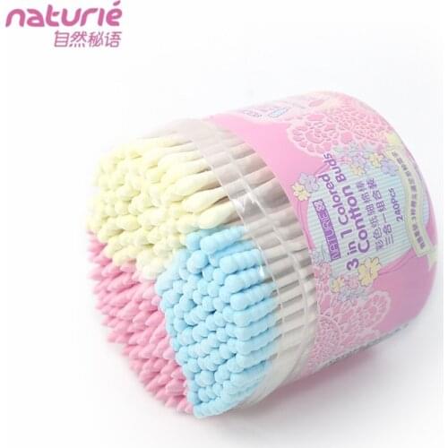 Eco-friendly Cotton buds bamboo material stick cotton buds swabs 3 in 1 Color cotton buds 240 pcs Ready Daily Care And Cleaning