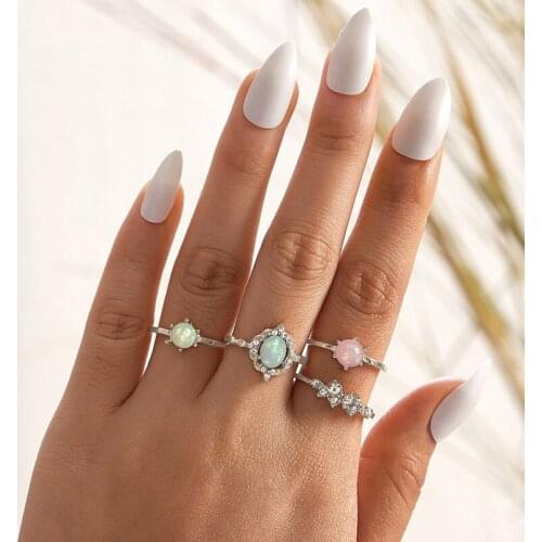 HuaTang 4pcs/sets Colorful Stone Ring Sets for Women Boho Rhinestone Geometric Alloy Metal Cute Ring Wedding Jewelry Anillo 9048